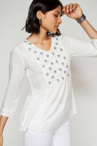 White Solid Embroidered Fit And Flare Top, White, image 2